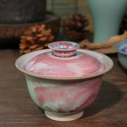 One-of-a-kind studio wood-fired gaiwan 150ml set against dark reflective background