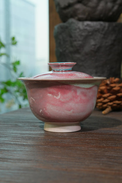 High-fired ceramic 150ml gaiwan with vibrant magenta glaze drips and raw clay texture