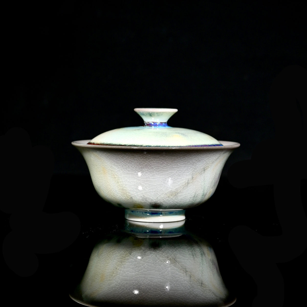 1-of-1 wood-fired 120ml gaiwan with electric cyan glaze streak and cream Yuanbao gold ingot shape