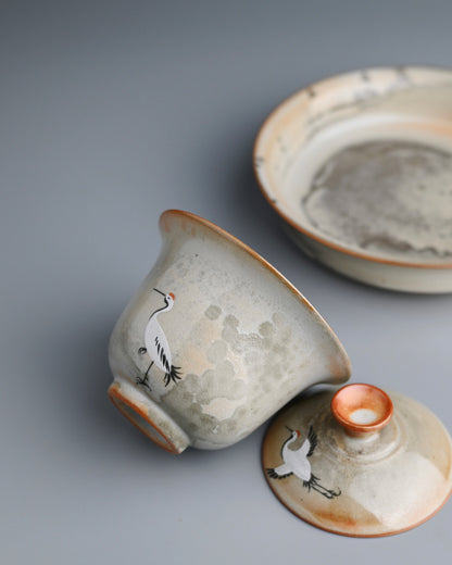 Saanwu handcrafted and hand painted cranes pattern gaiwan set with saucer for tea sessions