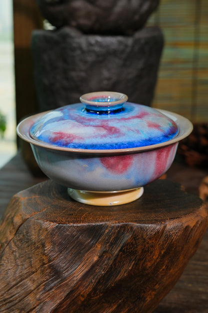 Close-up of 100ml wood-fired gaiwan wide Yuanbao lip and hollow lid knob for ergonomic tea pouring