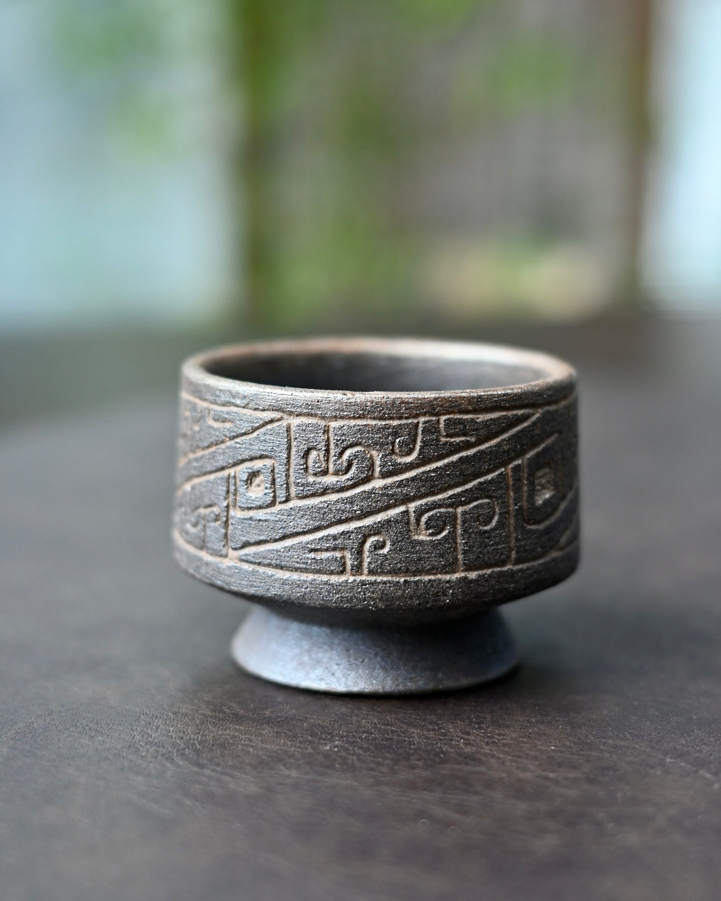 Handcrafted Wood-Fired Coarse Clay Short-Stem Tea Cup with Tribal Patterns