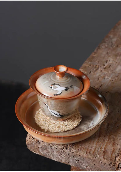 Saanwu tea set vintage gaiwan with hand painted cranes pattern