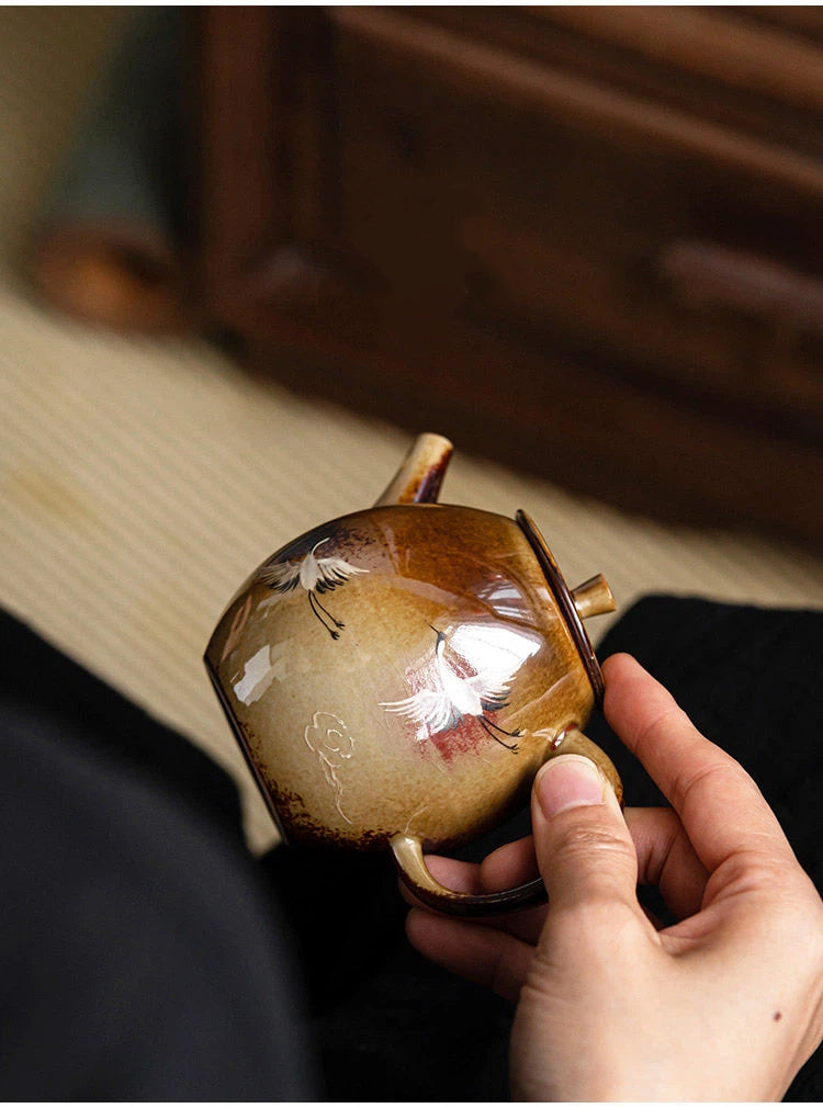 Jingdezhen Wood-fired Hand-painted Crane Underglaze Dragon-Egg Teapot