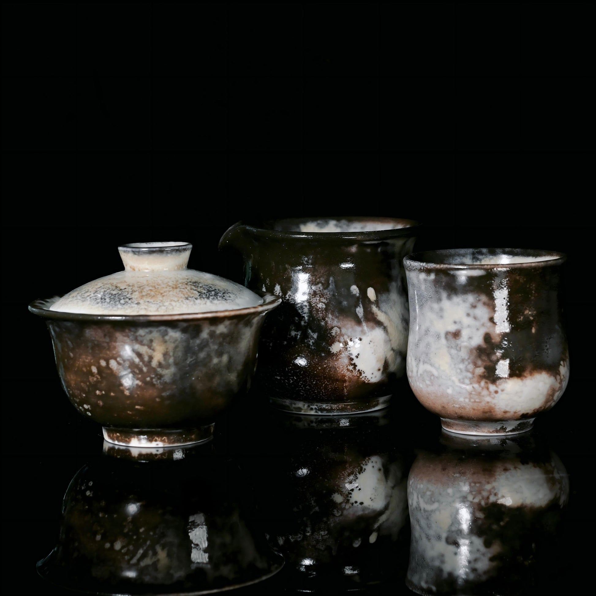 Wood-fired lidded bowl set with kiln-transformed ink-wash glaze in grey and charcoal black tones