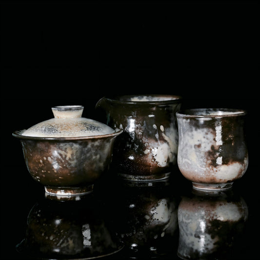 Wood-fired lidded bowl set with kiln-transformed ink-wash glaze in grey and charcoal black tones