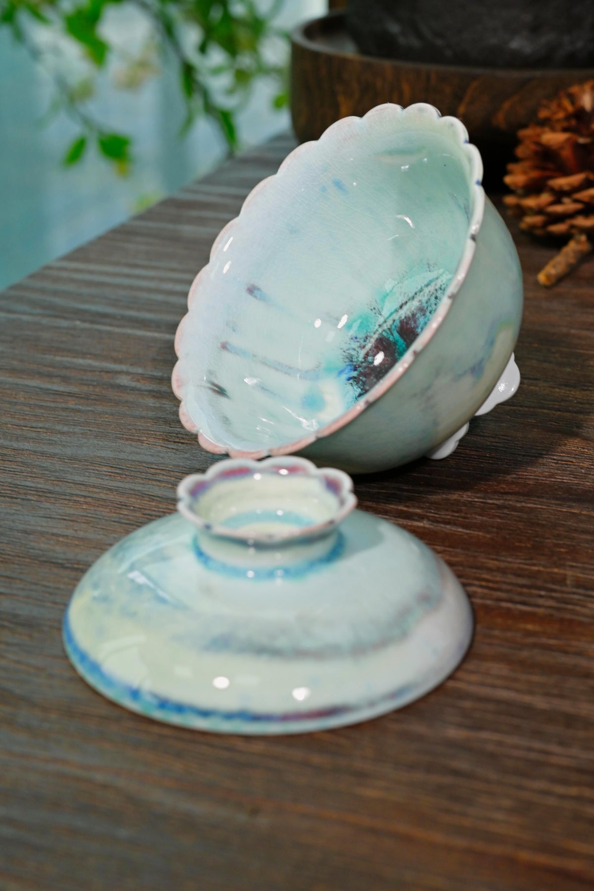 One-of-a-kind studio wood-fired lidded brewing cup with delicate floral ceramic architecture