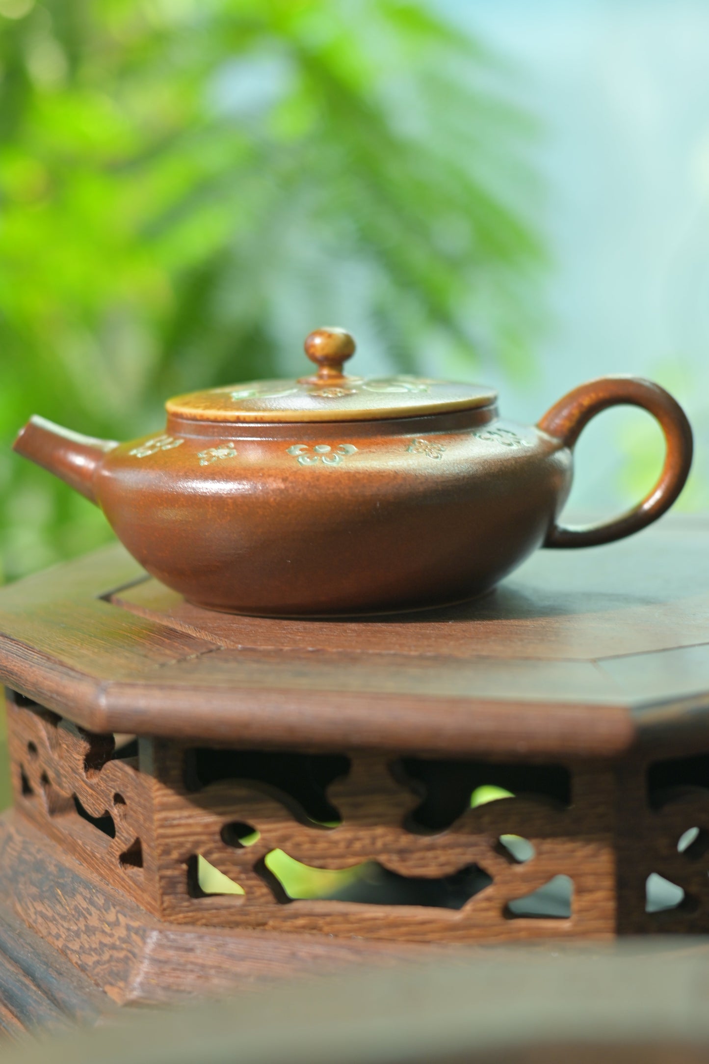 One-of-a-kind wood ash glazed teapot with unique kiln-transformed color and carved details