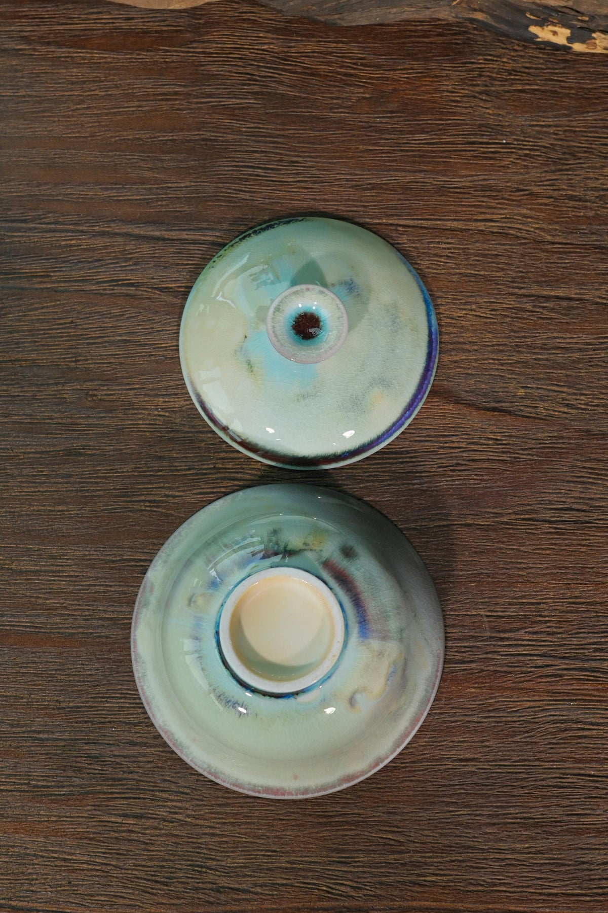 Unique 1-of-1 wood-fired tea vessel with cyan glaze arc and traditional gold ingot silhouette