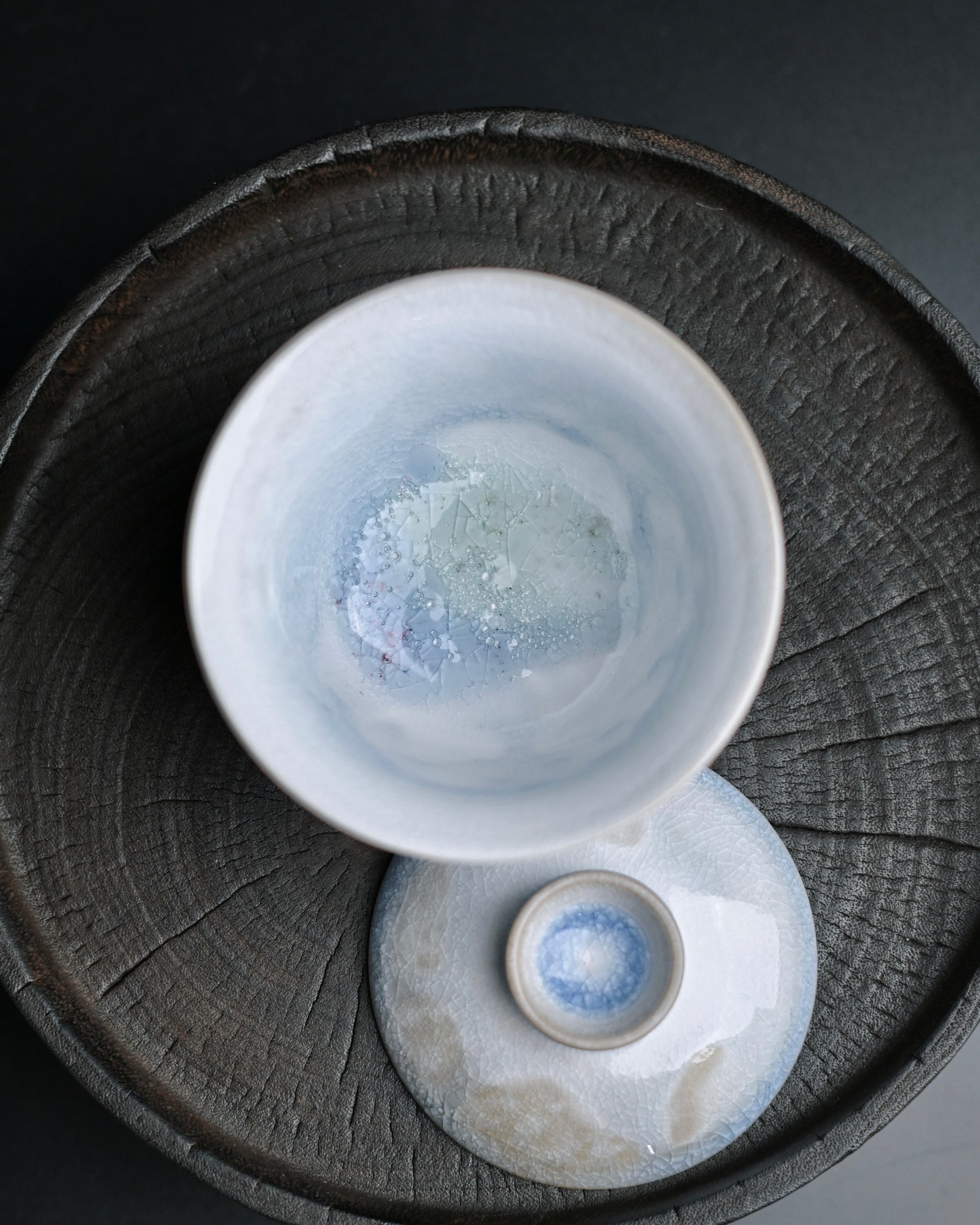 Unique crystalline glaze small gaiwan, blueish-white with crackling patterns, ideal for single-hand use
