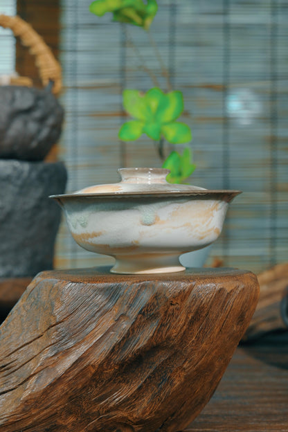 Stoneware 100ml gaiwan with natural flying ash glaze and unglazed pedestal base ring