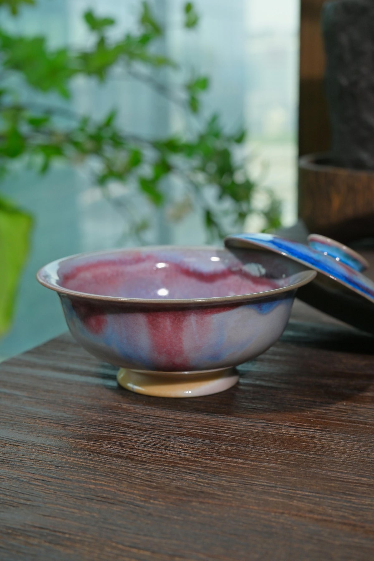Stoneware 100ml gaiwan with cosmic blue mineral glaze melt and natural flame-flushed base