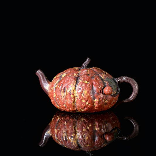 Yixing original Zini purple clay fully handmade pumpkin teapot with vertical ribbed body and organic form