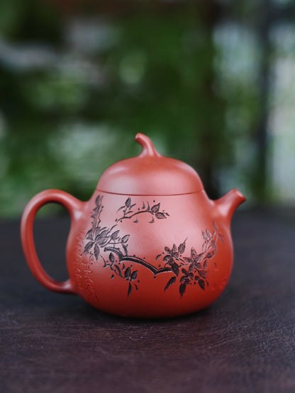 Saanwu  Handmade Yixing Zisha clay teapot eggplant shape with hand carved Chinese poem calligraphy, Hongpilong Clay