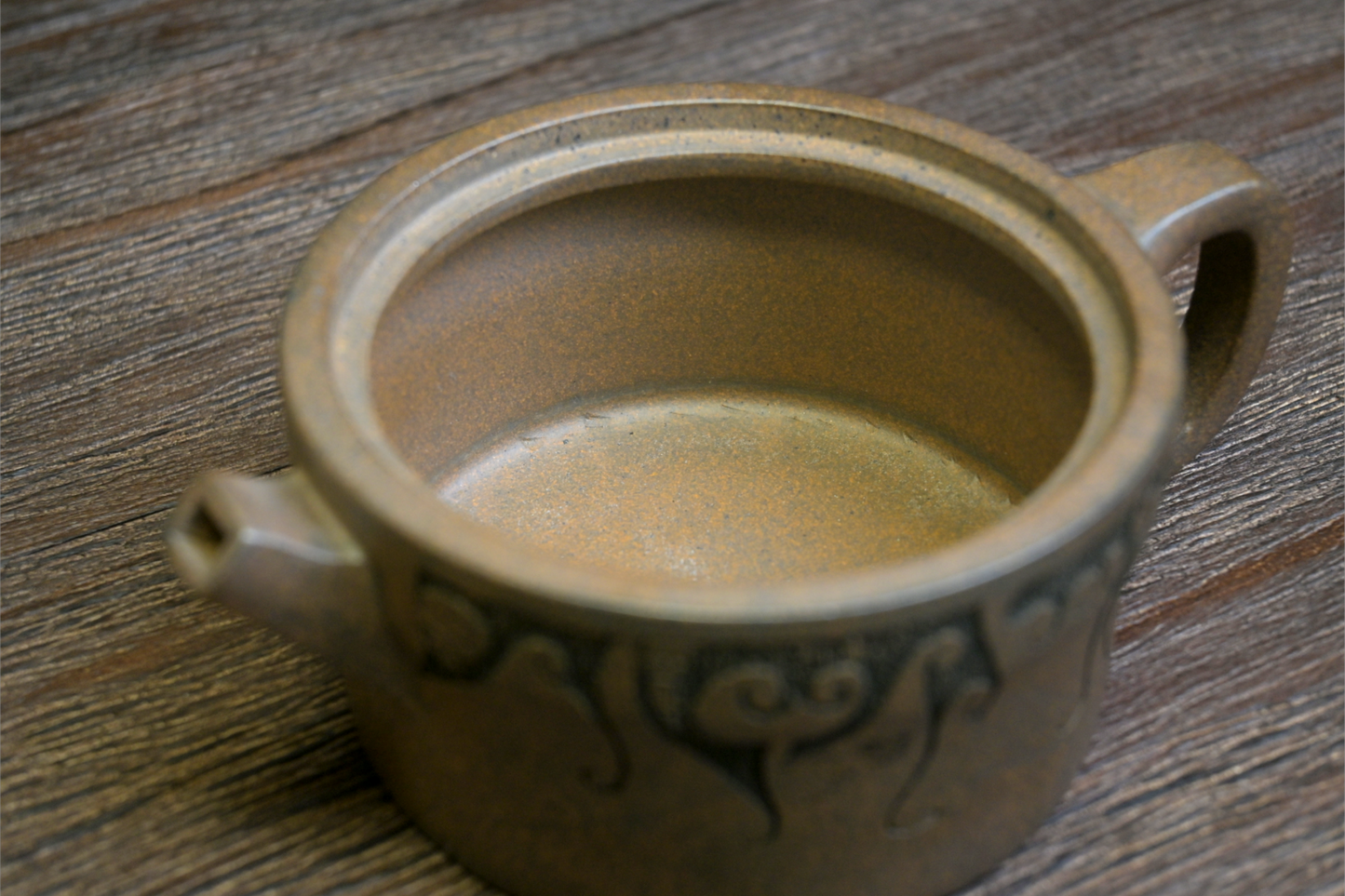 Completely engraved Yixing teapot with artist seals on all surfaces, including lid, bottom and interior areas