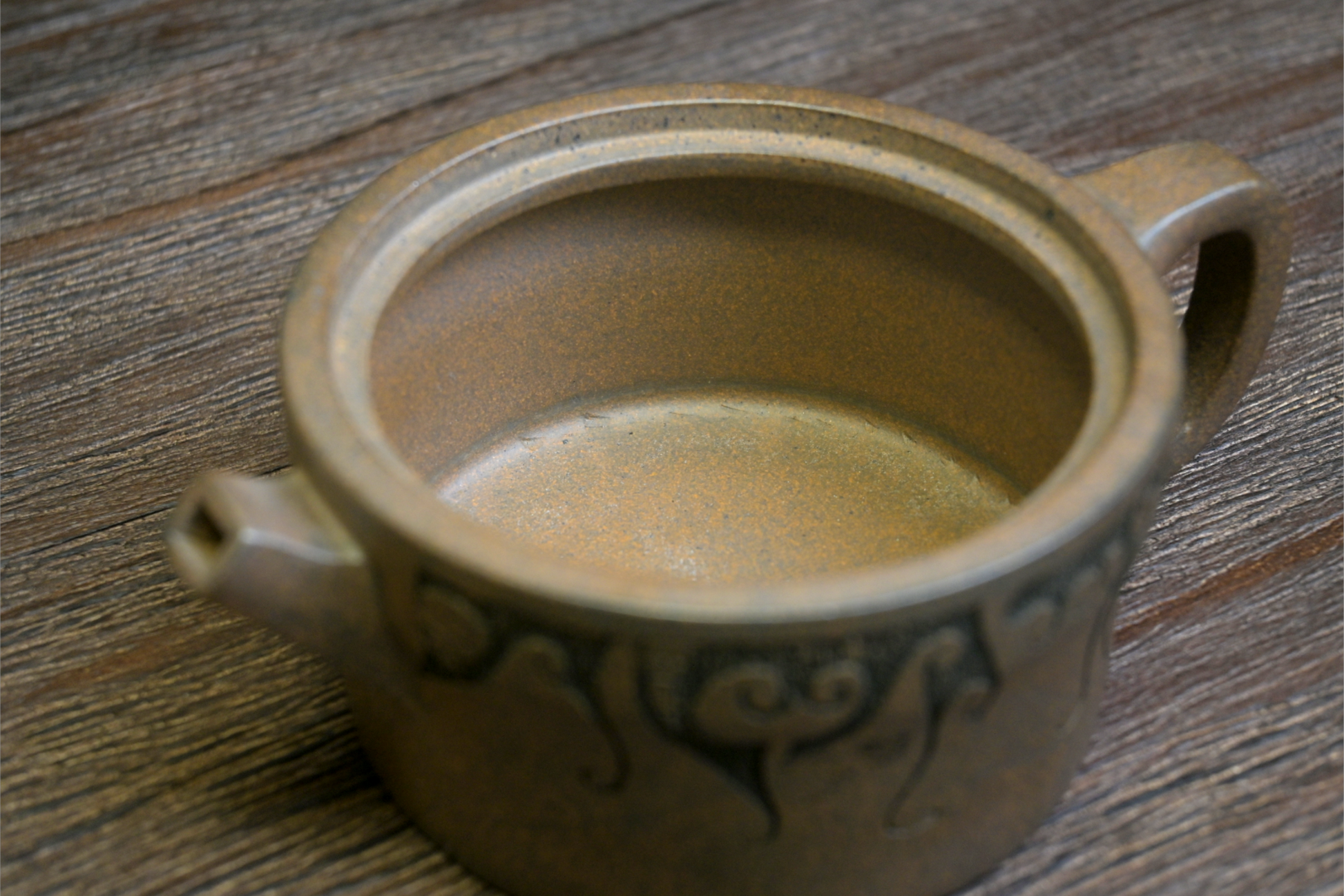 Completely engraved Yixing teapot with artist seals on all surfaces, including lid, bottom and interior areas