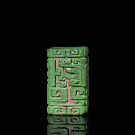 Saanwu Studio Yixing clay lid holder with Minguo green slip and carved Taotie beast motif on all four rectangular sides