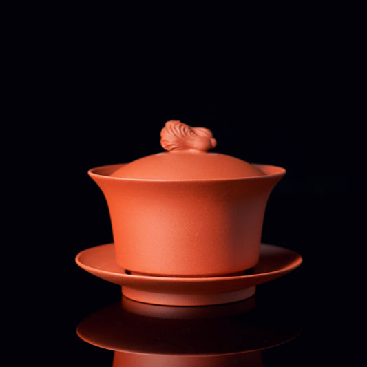 Yixing Zini San Cai lidded bowl set with hand-pinched cabbage button on lid and original purple clay body