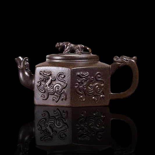 Yixing Zisha Original Ore Bronze Clay Handmade “Supreme Tiger Taming Dragon” Hexagonal Teapot