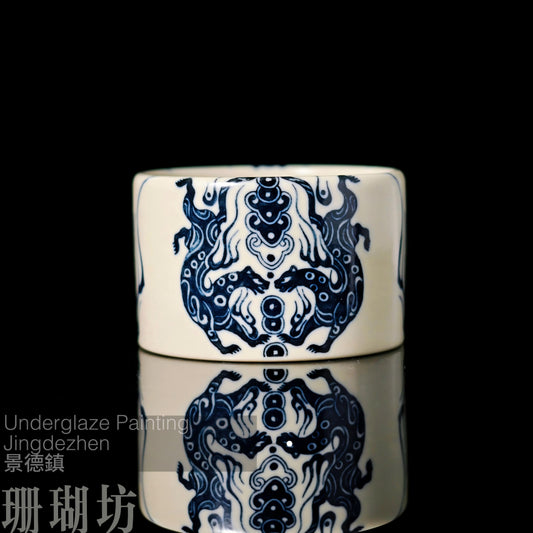 Jingdezhen hand-painted underglaze blue-and-white teacup with Taoist tiger-charm motif in Yuan dynasty style