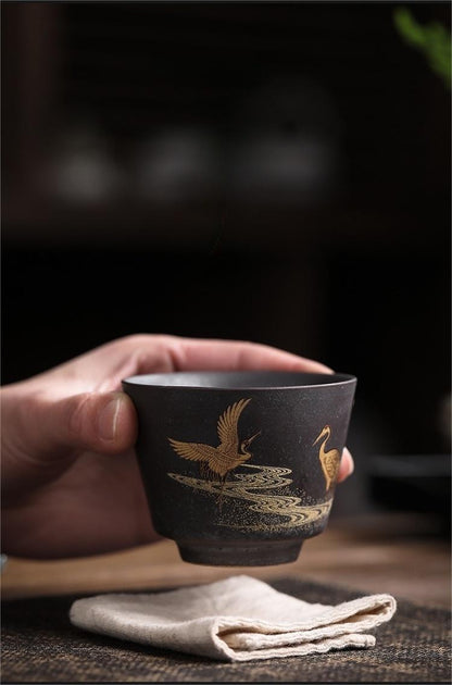 Tasse à thé en céramique vintage fabriquée à la main à Jingdezhen, avec double grue peinte à l'or