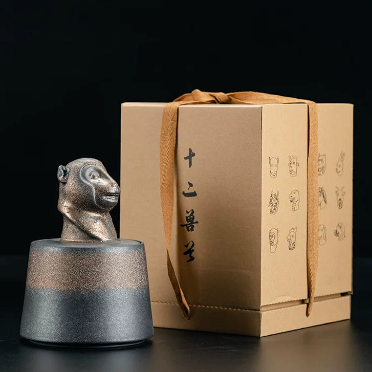 Traditional pottery tea jar with zodiac design