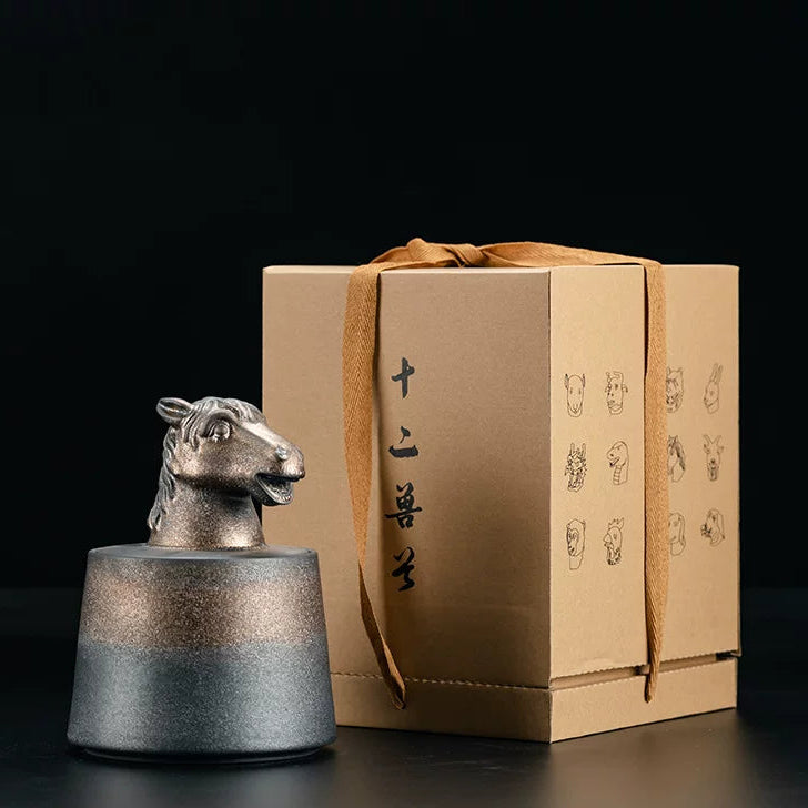 Dark glaze ceramic tea jar with animal sculpture lid